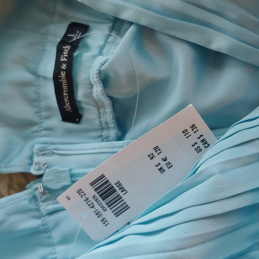 Abercrombie & Fitch Plunge Satin Pleated Formal Dress Sky Blue Women's Large NWT - Picture 6 of 17